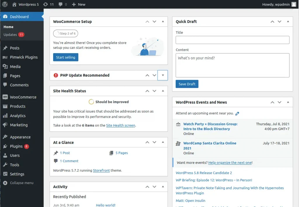 wordpress dashboard