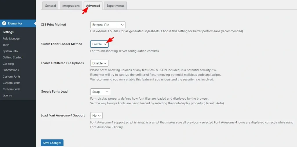 Elementor Switch Editor Loader Method