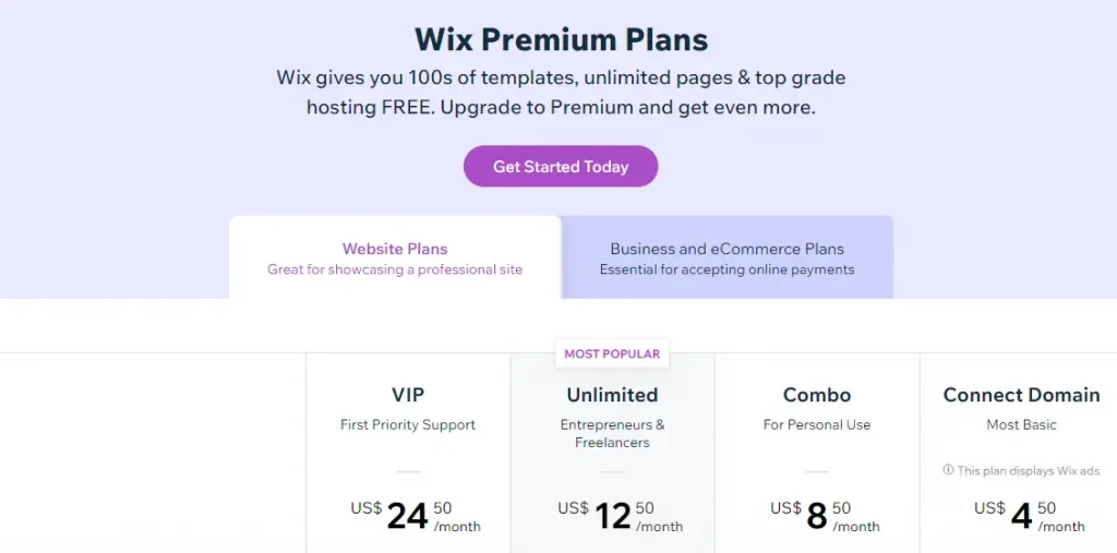 Wix Pricing Website Plans